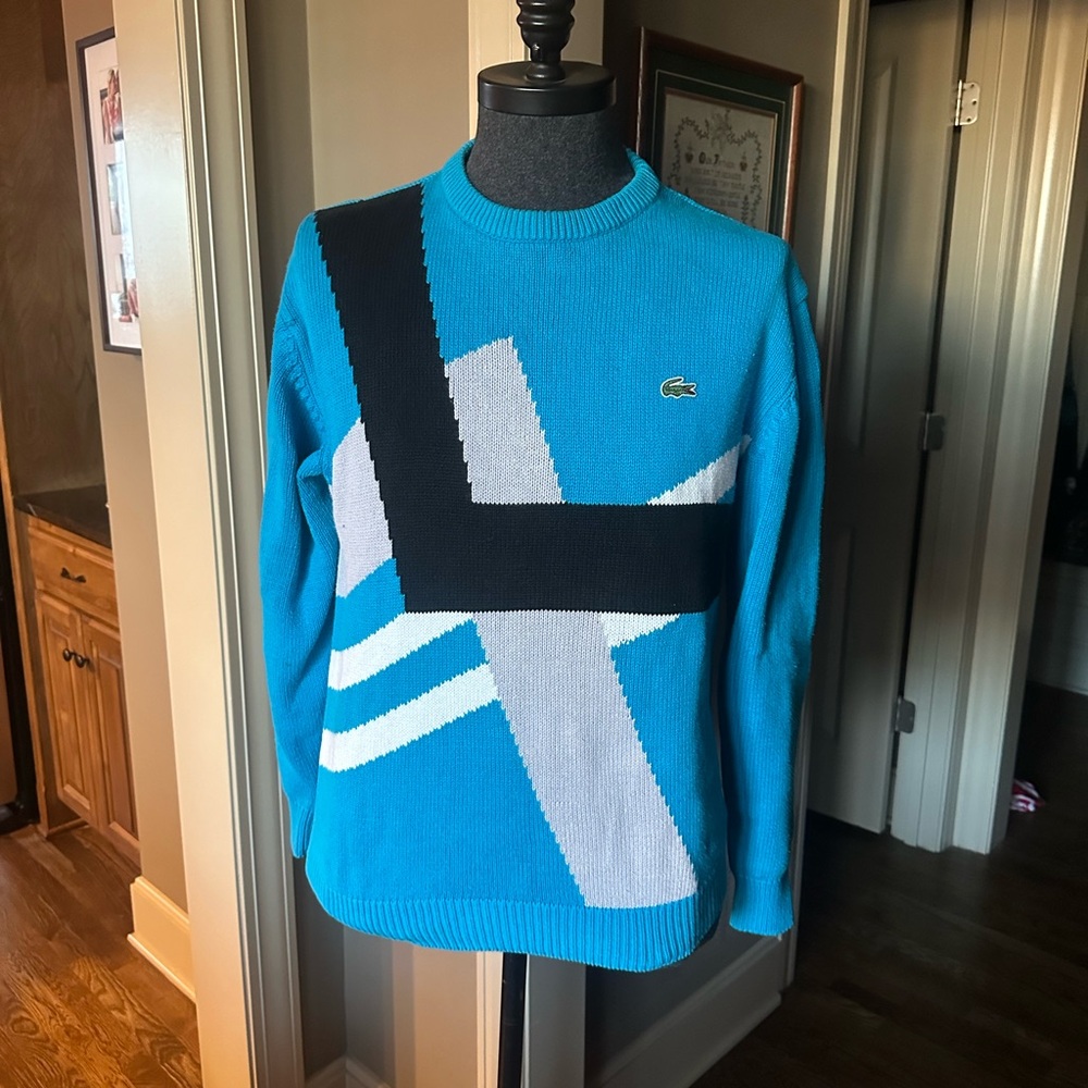 LACOSTE 🐊 Men’s Vintage Blue & Black Geometric All Cotton LS Sweater - Size LG - Picture 3 of 12